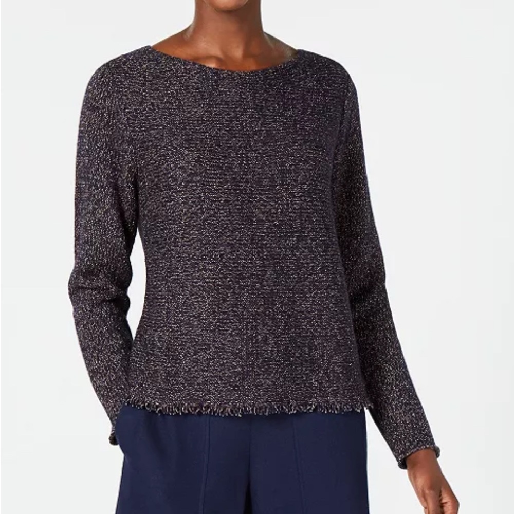 EILEEN FISHER Purple Tweed Wool Blend Long-sleeve Fringe-hem Sweater Size Small
